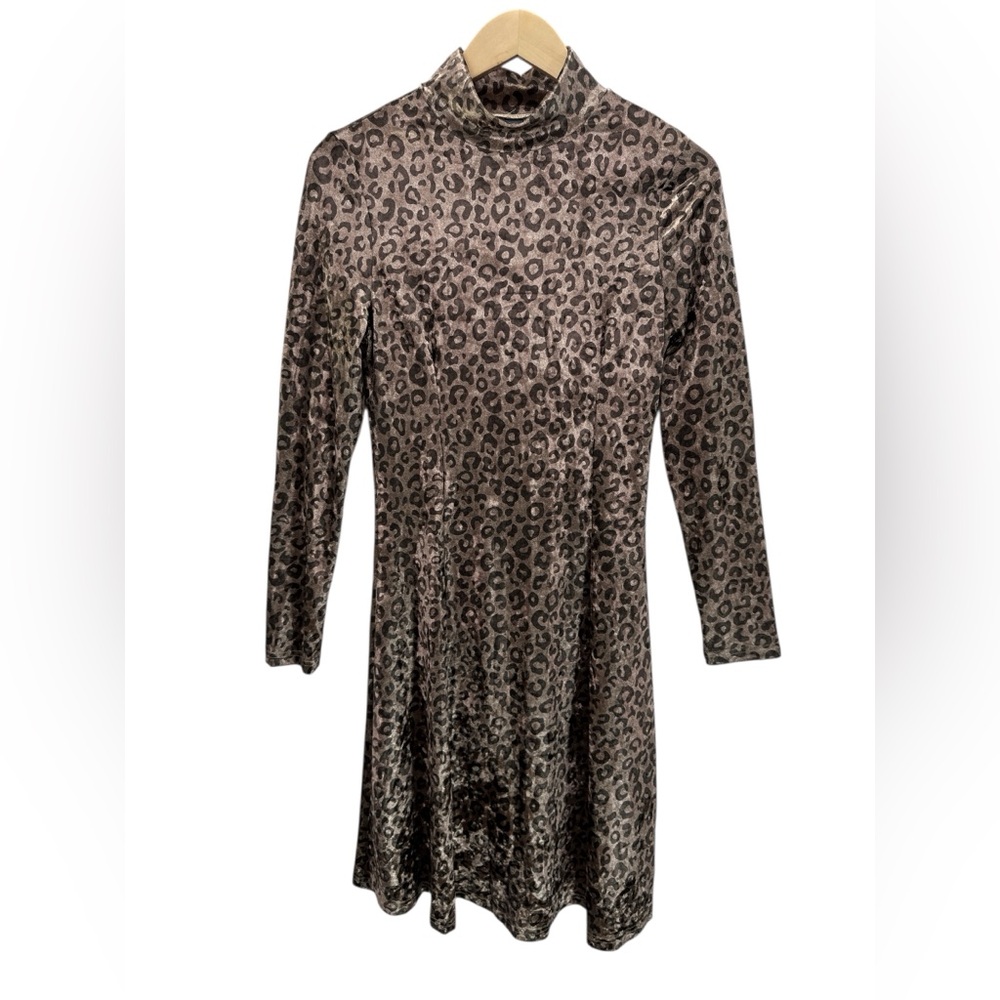 Emery Rose Leopard Velvet Fit & Flare Swing Dress Long Sleeve Mock Neck Holiday